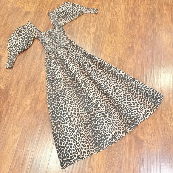 GANNI Leopard Print Maxi Dress Smocked Silk Blend EU 32 US 0 Mob Wife Luxury - Picture 8 of 16